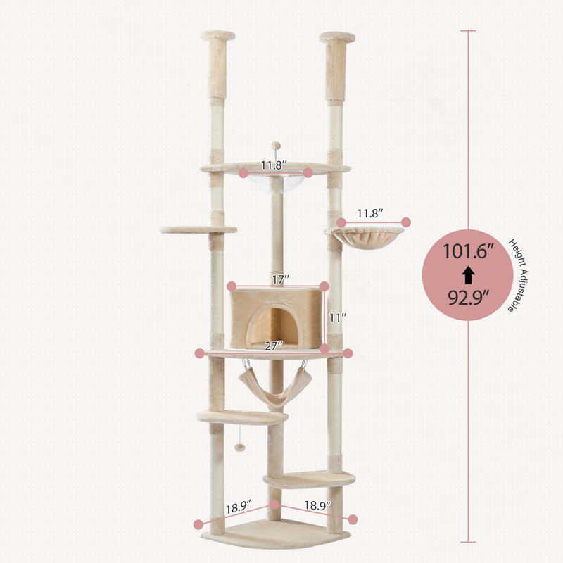 Height Adjustable Floor To Ceiling Cat Tree Cat Tower With Scratching Posts, Cozy Condo, Perches & Hammoc, Beige