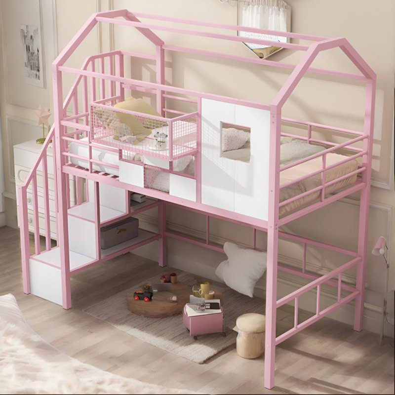 Simonetta Twin Loft Loft Bed with Shelves, Pink