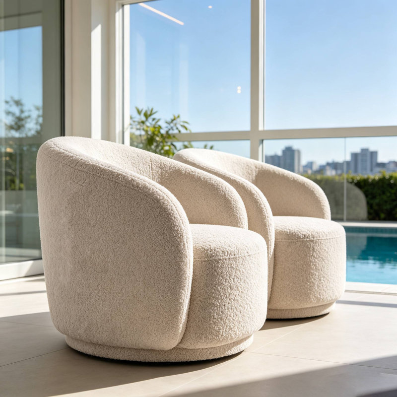 Fauteuil demi-tonneau pivotant avec siège large rembourré 360 ° Boucle, ensemble de 2, Beige, 2
