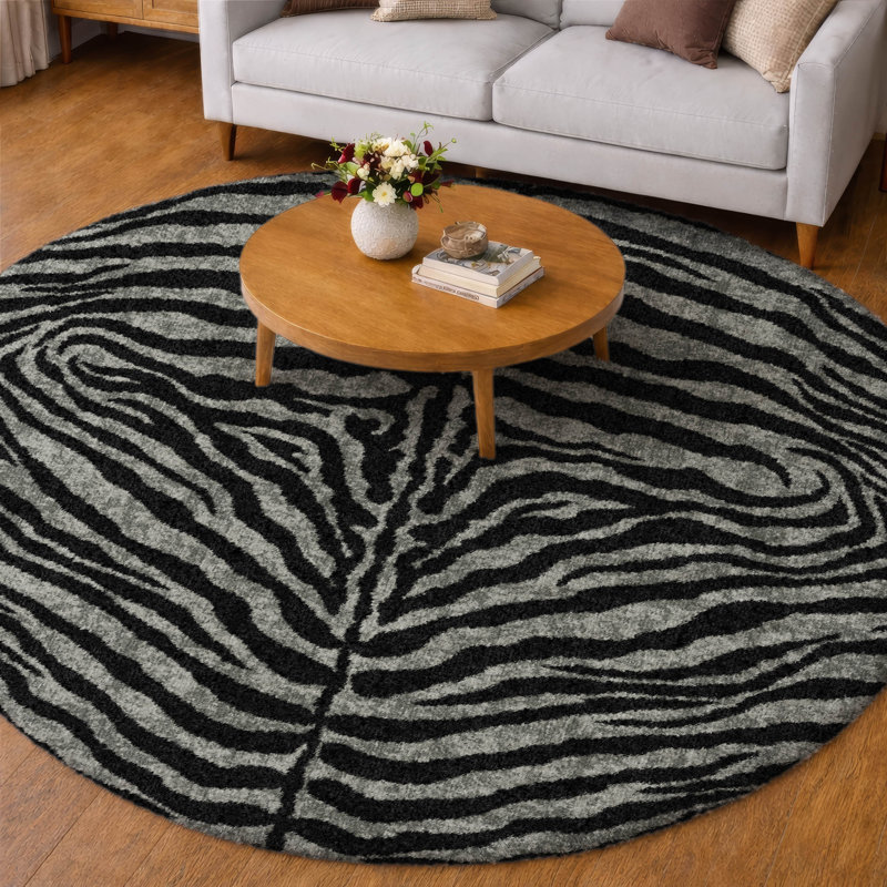 Premium Machine Washable Dream Shag Zebra Rug, Shadow, 8' Round