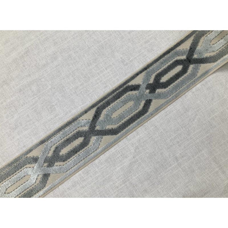 Bande de rideau en velours tissé et brodé avec bordure de 3,5 po de largeur, Bleu/crème