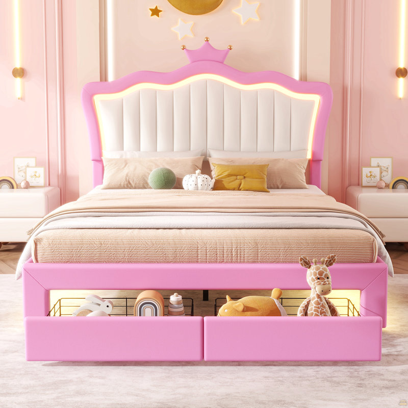 Full Size Upholstered Bed Frame With LED Lights, Upholstered Princess Bed, Full
