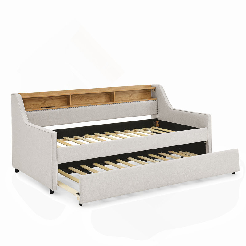 Twin Size Upholstery Sofa Bed With Three LED Lights, With Storage Adjustable Headboard, Beige