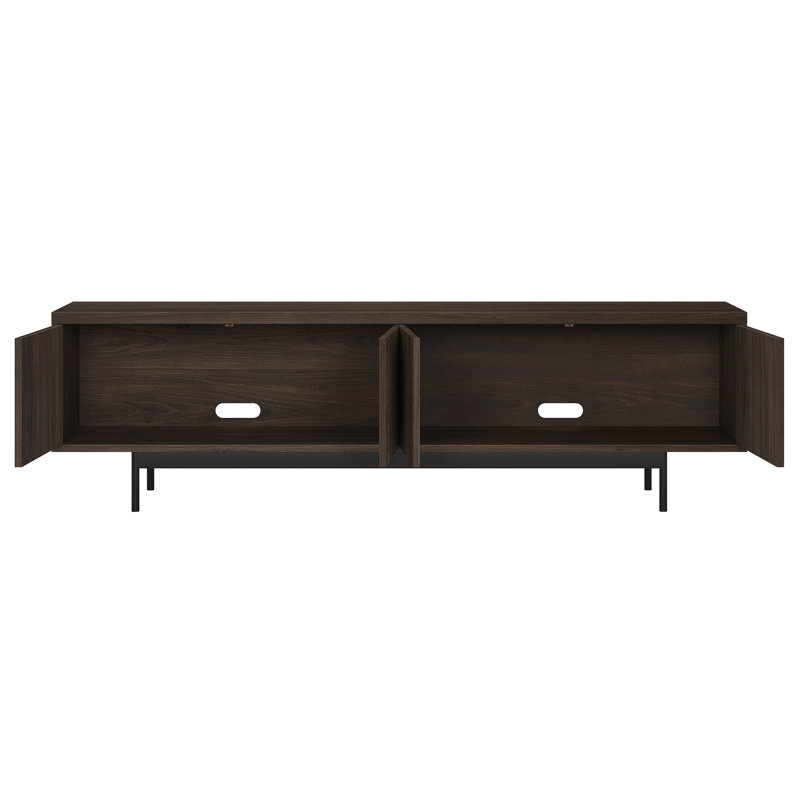 Meuble télé 70 po pour téléviseur de 75 po ou moins avec portes cannelées, rangement et gestion des câbles - Console média de salon Mid-Century moderne en aulne brun | Whitman