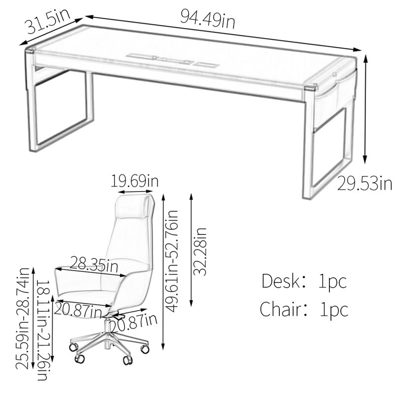 Bureau en cuir raffiné, H 29,53 po x l 94,49 po x P 31,5 po