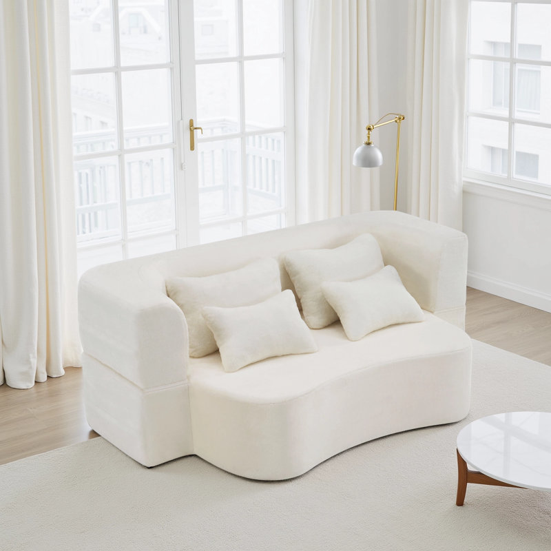 Boneless 80" Modern Convertible Floor Sofa, Queen Size Folding Futon & Foam Mattress With 4 Pillows, White