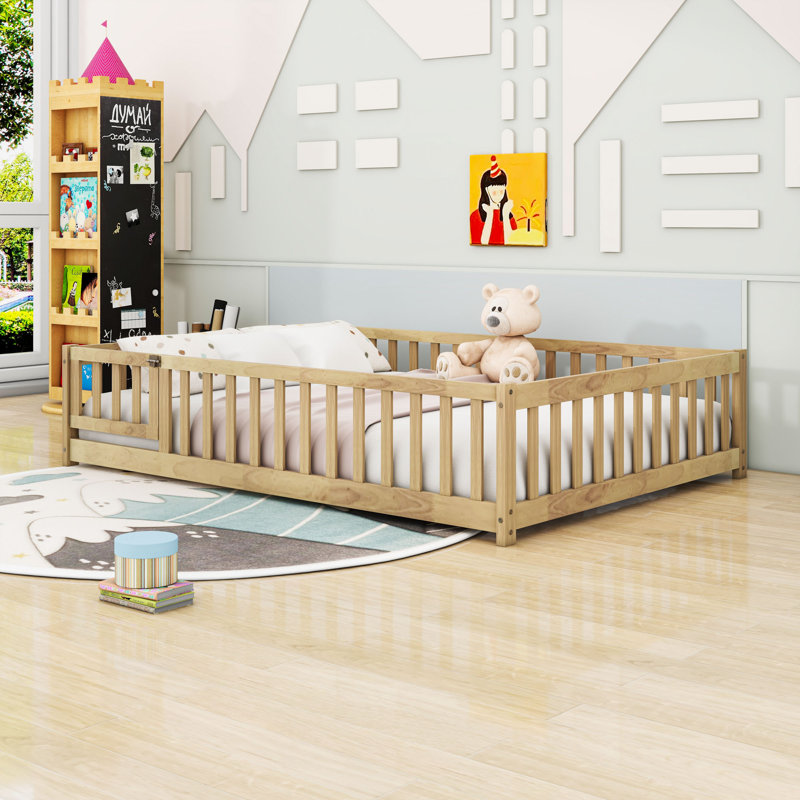 Wood Low Platform Bed With Fence Door And Guardrails, Natural, Full