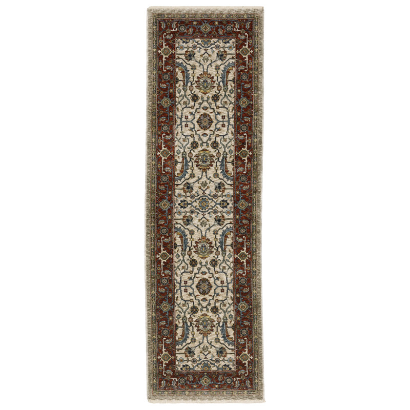 Tapis oriental ivoire / rouge Hovis, Tapis de couloir 2 pi 3 po x 7 pi 6 po