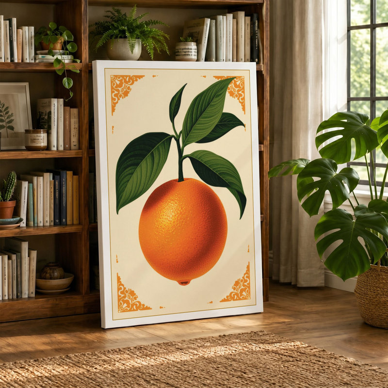 Orange Study Botanical 1 Piece Wrapped Canvas Wall Art, 36x24 - 91.4 x 61.0 cm, Ochre Border