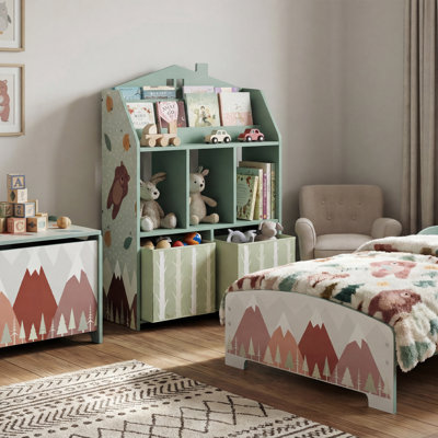 Unité de rangement pour jouets avec présentoir à livres, tablettes, tiroirs en tissu, vert