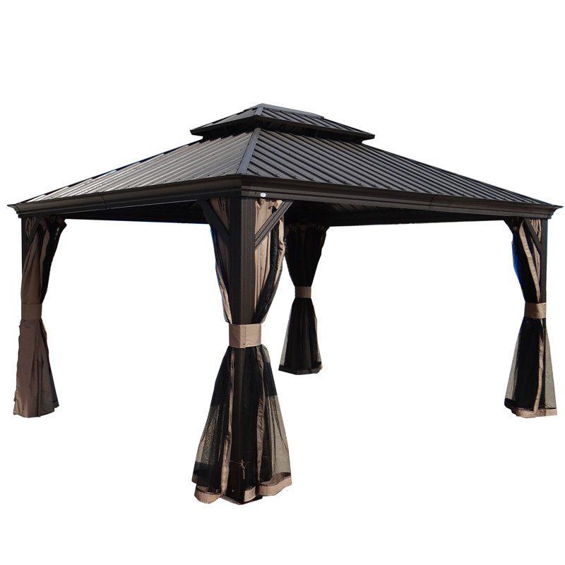 Alexander Dark Brown Double Roof Hardtop Gazebo with Curtain and Mosquito Netting, 12 ft x 14 ft