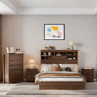 4Pcs Bedroom Set, Queen Size Bed Frame With Storage Headboard And Charging Station, 2 Nightstands With 2 Drawers, 1 Dresser With 5 Drawers by Latitude Run