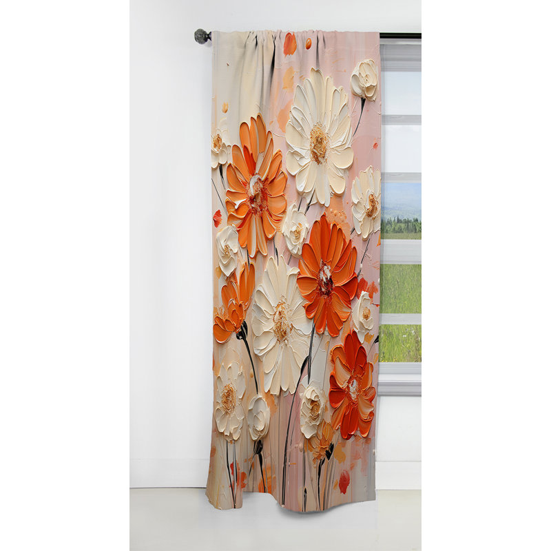 Panneau de rideau à motif floral, souci occultant orange - beige et beige Fiery Blooms II, L 52 po x L 108 po