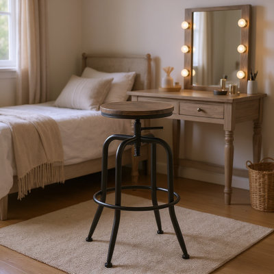 Tabouret d'appoint industriel avec plateau en bois réglable et base en métal pour le salon et la chambre à coucher