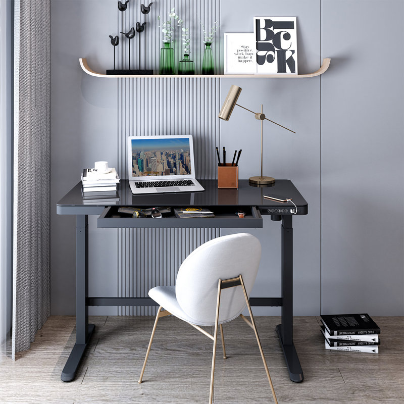Bureau debout à hauteur réglable de 48 po à hauteur réglable en verre pour bureau à domicile, ports USB, Noir