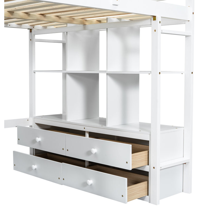 Lit mezzanine double avec bureau et rangement intégrés, blanc - Économisez de l'espace et maximisez la fonctionnalité des tiroirs, des armoires, des tablettes