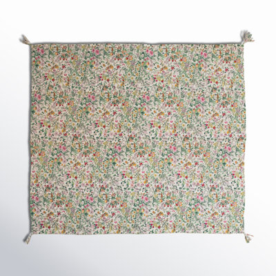 Quilted Throw With Floral Pattern, Kantha Stitch And Tassels