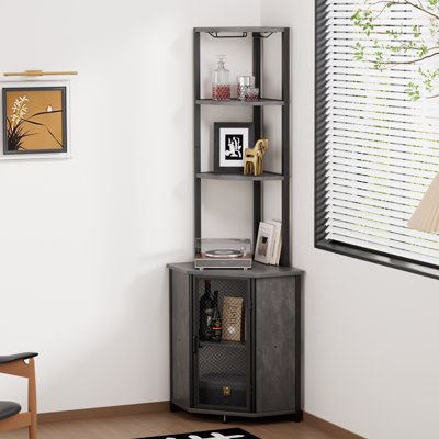 Pittard Corner Bar Cabinet with Wine Rack and Glass Holder, 5-Tier Corner Bookshelf with Doors, Rustic Wood and Metal Liquor Cabinet for Living Room o by Trent Austin Design