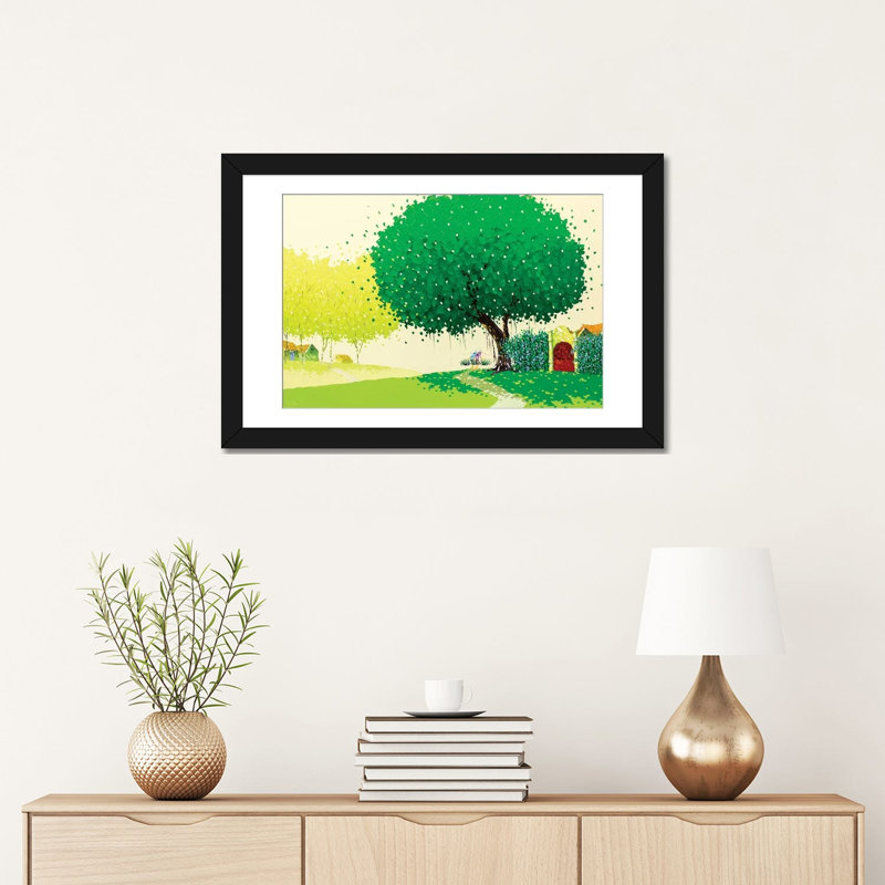 « summer landscape », impression sur toile tendue, H 16 po x l 24 po x P 1 po, Papier avec cadre noir, Blanc