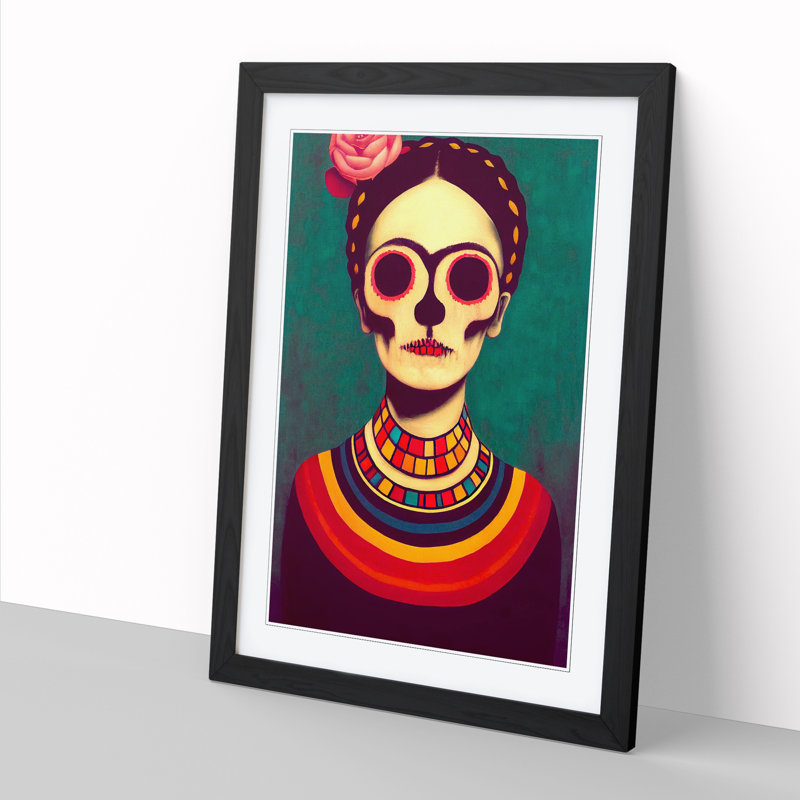 FRM-V0523-1062X Frida Kahlo Sugar Skull - Single Picture Frame Print, 34cm H x 25cm W x 2cm D, Walnut Framed