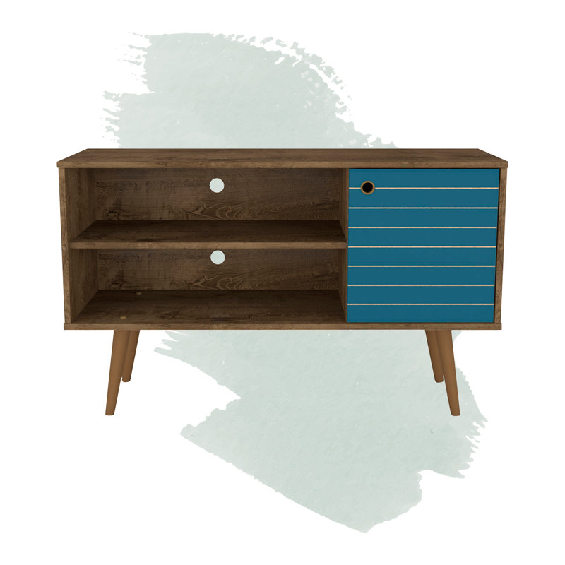 Liberty 43" Mid-Century Modern 3-Shelf TV Stand for TVs up to 43" in Rustic Brown and Blue Slate, Rustic Brown/Aqua Blue