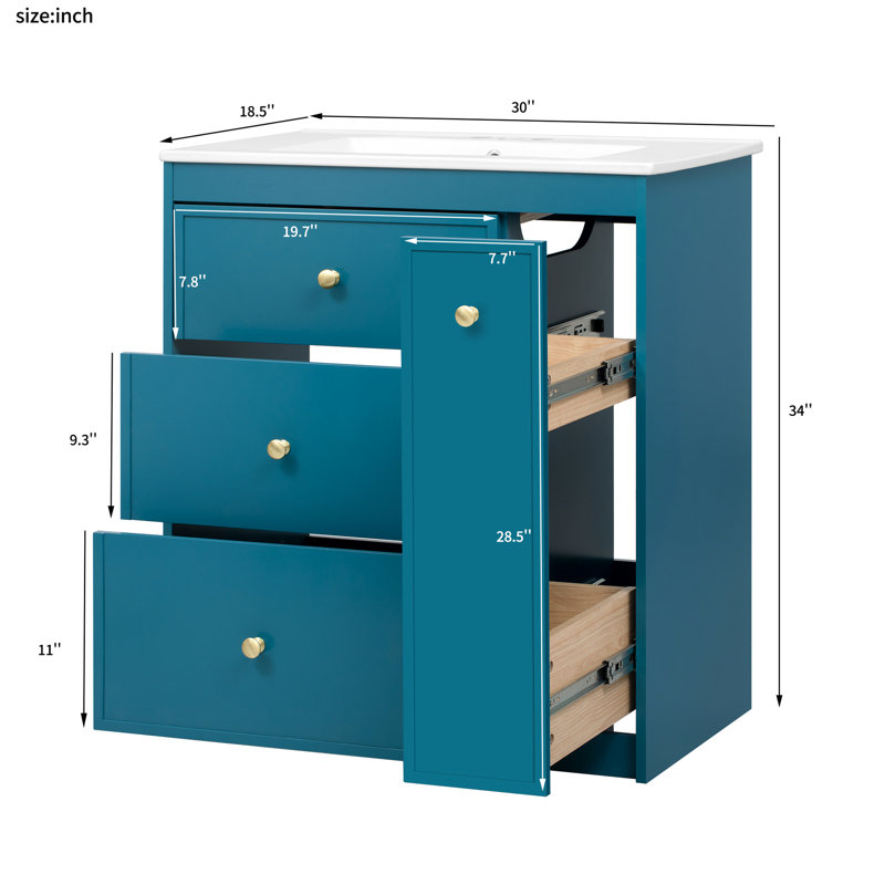 Meuble-lavabo de salle de bain avec lavabo en céramique 30 po - Quatre armoires bleues pour quatre tiroirs Essentials
