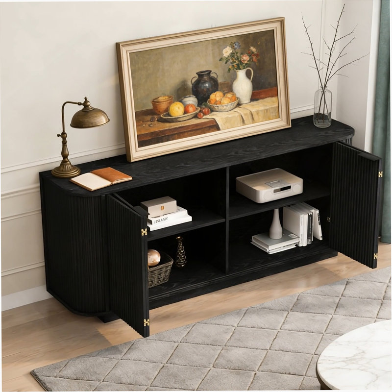 Buffet de rangement ondulé 63 po à deux portes avec tablettes réglables, idéal pour la cuisine, le salon, le couloir - rangement polyvalent (noir)
