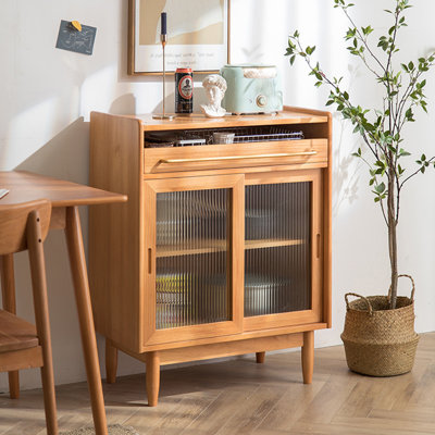 Buffet couleur cerisier massif + bois manufacturé + verre