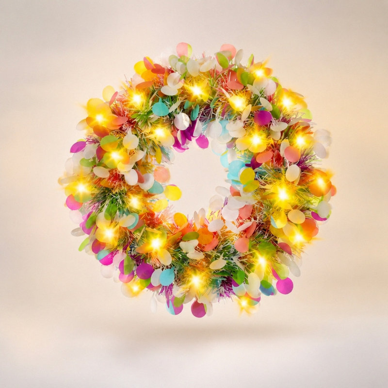 Couronne de paillettes multicolore 15,7 pouces pré-éclairée, base en forme de guirlande arc-en-ciel avec lumières chaudes pour la fête et les fêtes