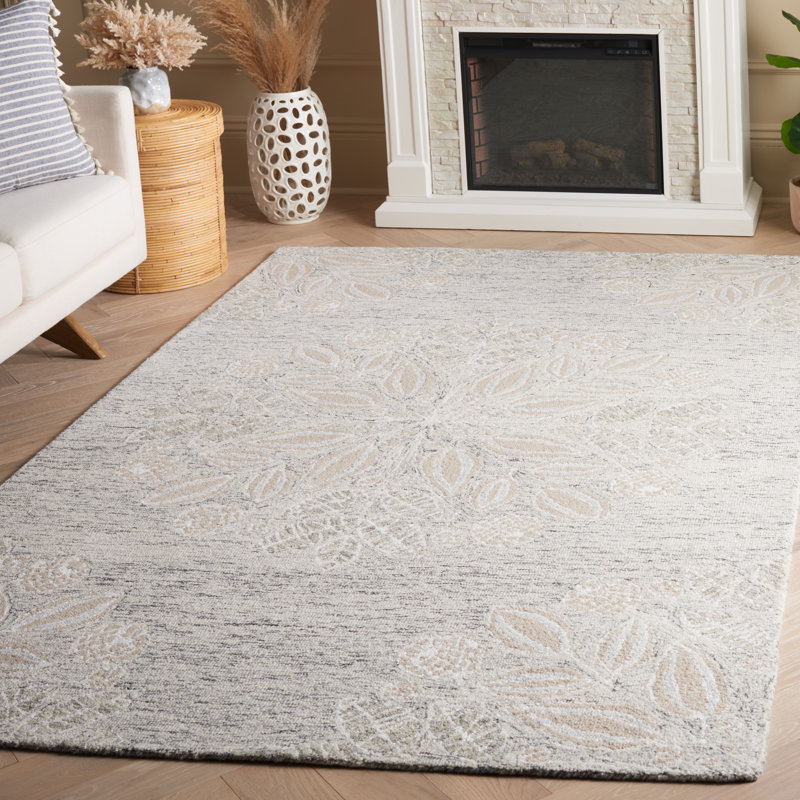 Tapis gris / ivoire en laine / polyester touffeté à la main Jardin, Rectangle 8 pi x 10 pi