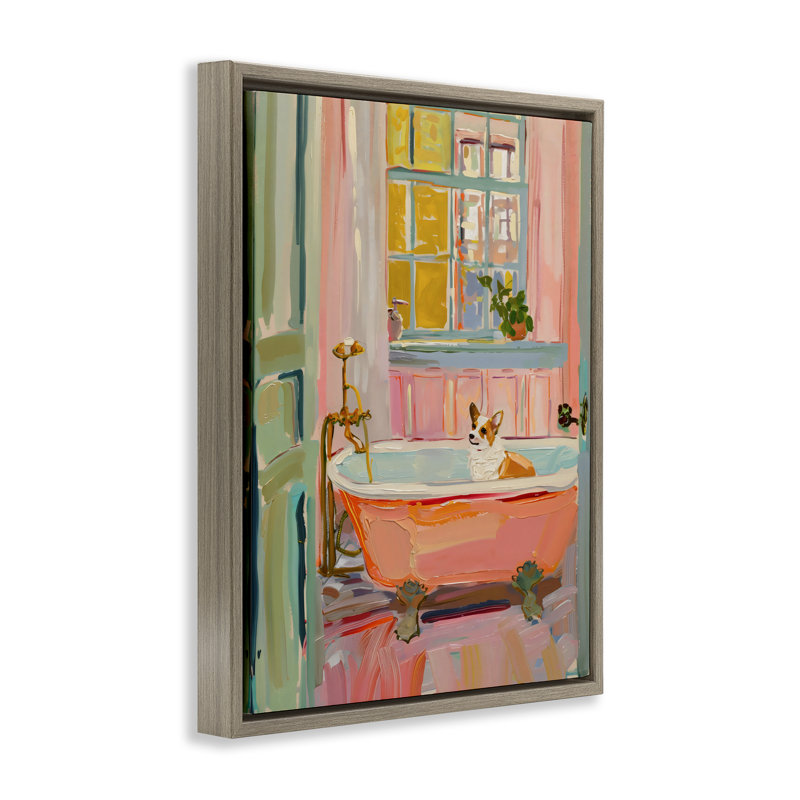 Cadre flottant Corgi dans la baignoire, design par The Prints Vibe, 21 x 17, Montalcino Elm Floater Framed