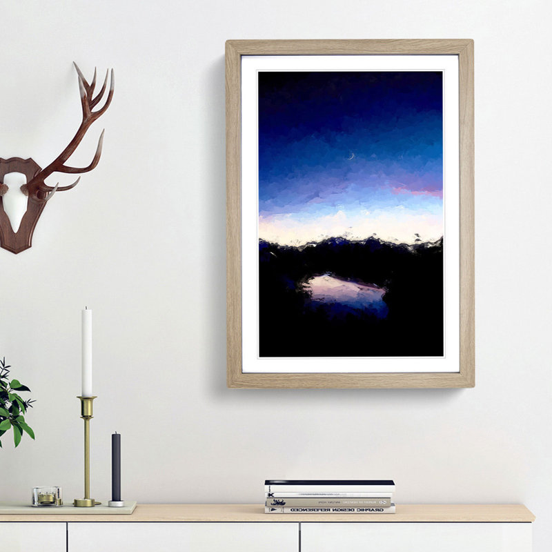 Crescent Moon Above a Lake in Abstract - Picture Frame Graphic Art Print, 36cm H x 27cm W x 2cm D, Oak Framed