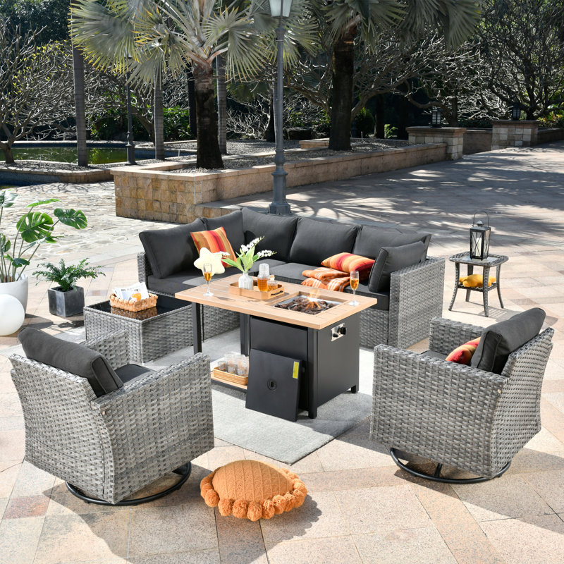 Paleosofos Wicker 6 - Person Patio Conversation Set with Cushions, Black