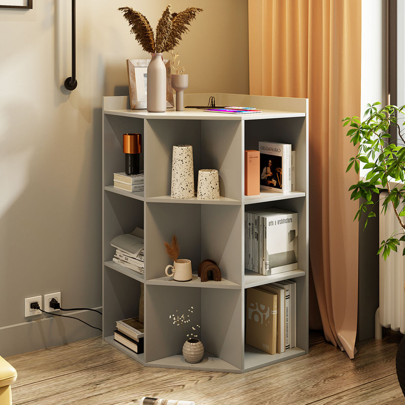 Modern Corner Bookshelf with Charging Station– Space-Saving Wooden Corner Cabinet for Small Space, Playroom, Living Room