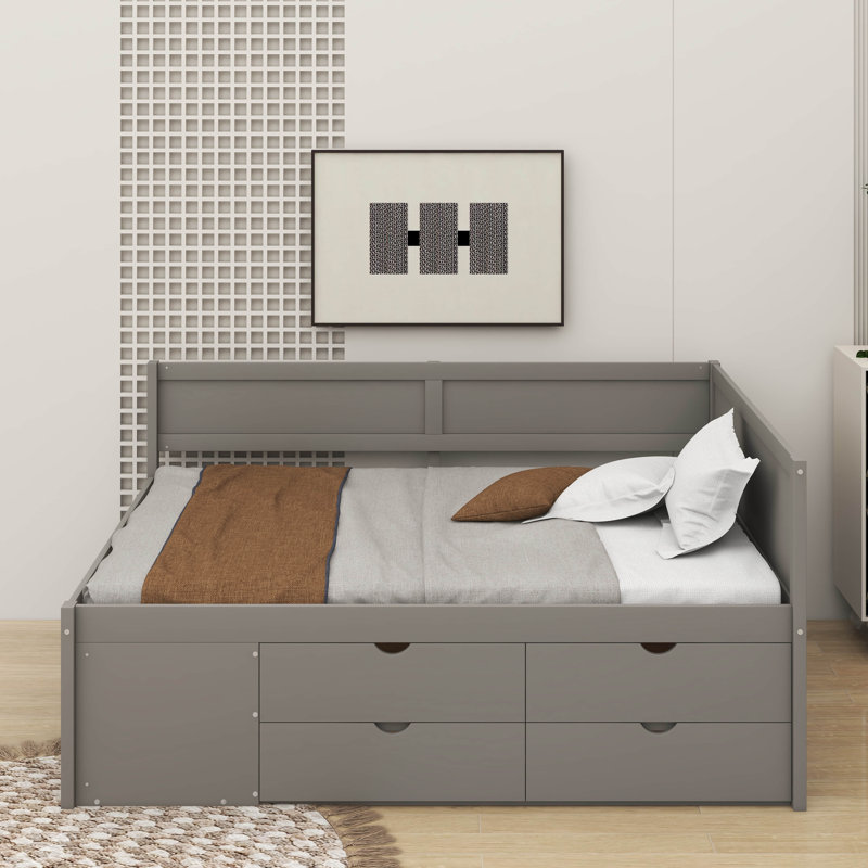 Lit de jour double avec tiroirs et tablettes, gris, Double
