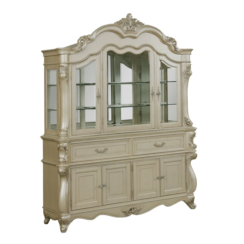 Buffet en porcelaine 2 portes Kerra, portes en verre 2 tiroirs, argent champagne