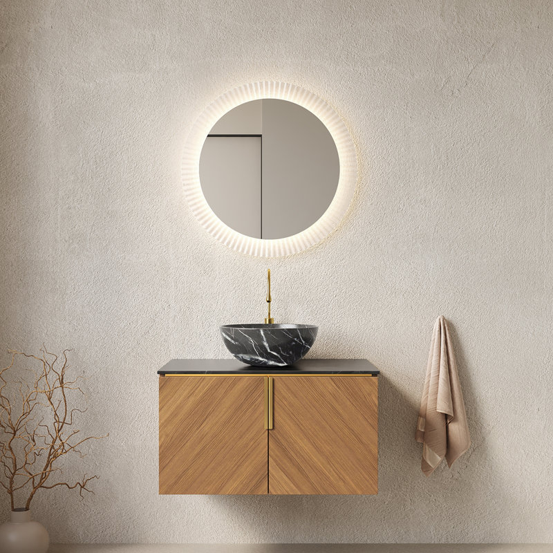 Meuble-lavabo 30 po, armoire de rangement flottante en contreplaqué pour salle de bain avec portes doubles, comptoir en pierre frittée noire et cuve en céramique noire avec motif en pierre