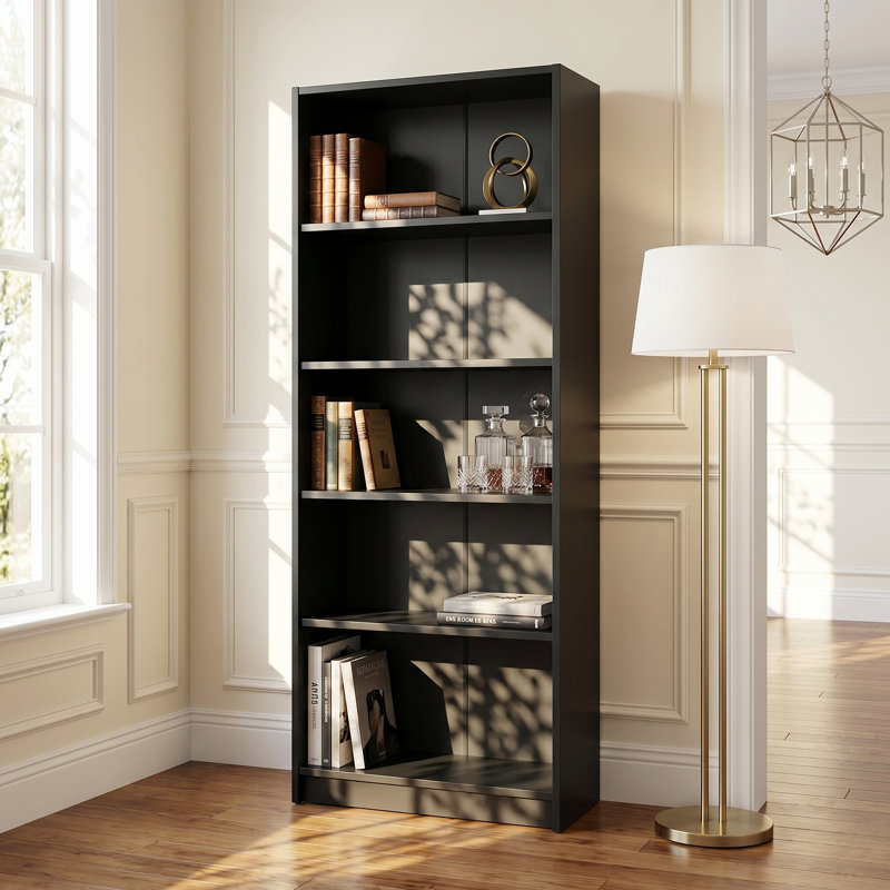 Bibliothèque moderne en bois d'ingénierie à 5 tablettes avec panneau arrière renforcé et base fermée stable, Noir