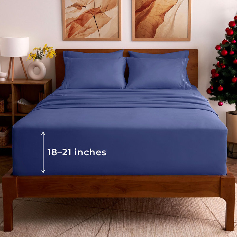 21 Inch Extra Deep Pocket Sheet Set 6 Piece Collection, Queen Sheet Set, Blue Nova