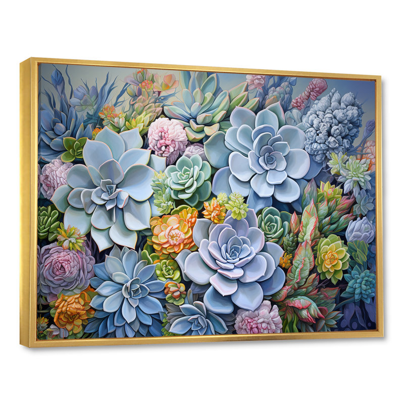 «Blue Succulent Dessert Charm» sur toile, H 16 po x l 32 po x P 1 po, Cadre flottant doré