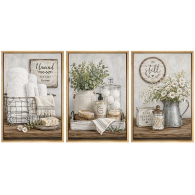Farmhouse Bathroom Decor with Towels Soap and Floral Accents Artwork, Bathroom Pictures, Framed Canvas Giclee Print 3 Pieces Wall Art - 24"x36"x3pcs