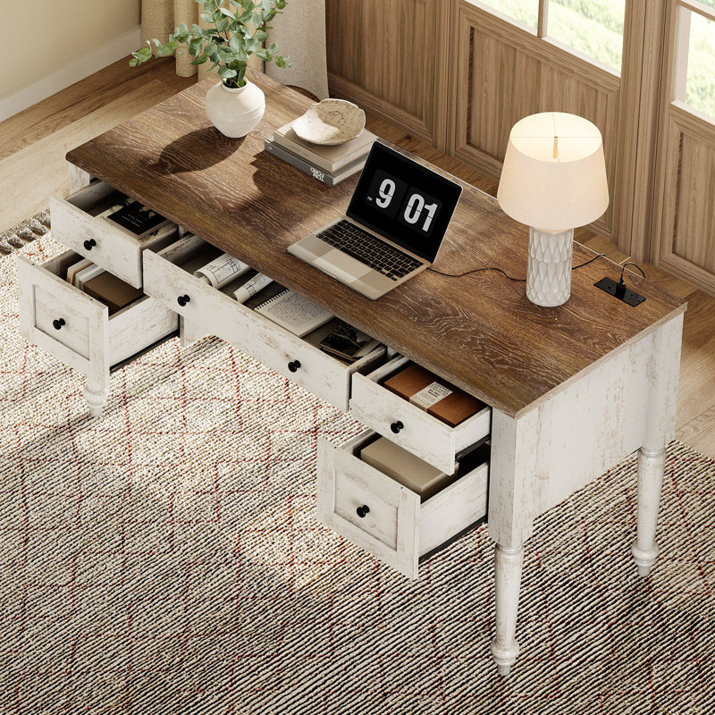 2 - Piece Office Set, 56" Executive Desk & Set Of 2 Bookcases, Rustic White