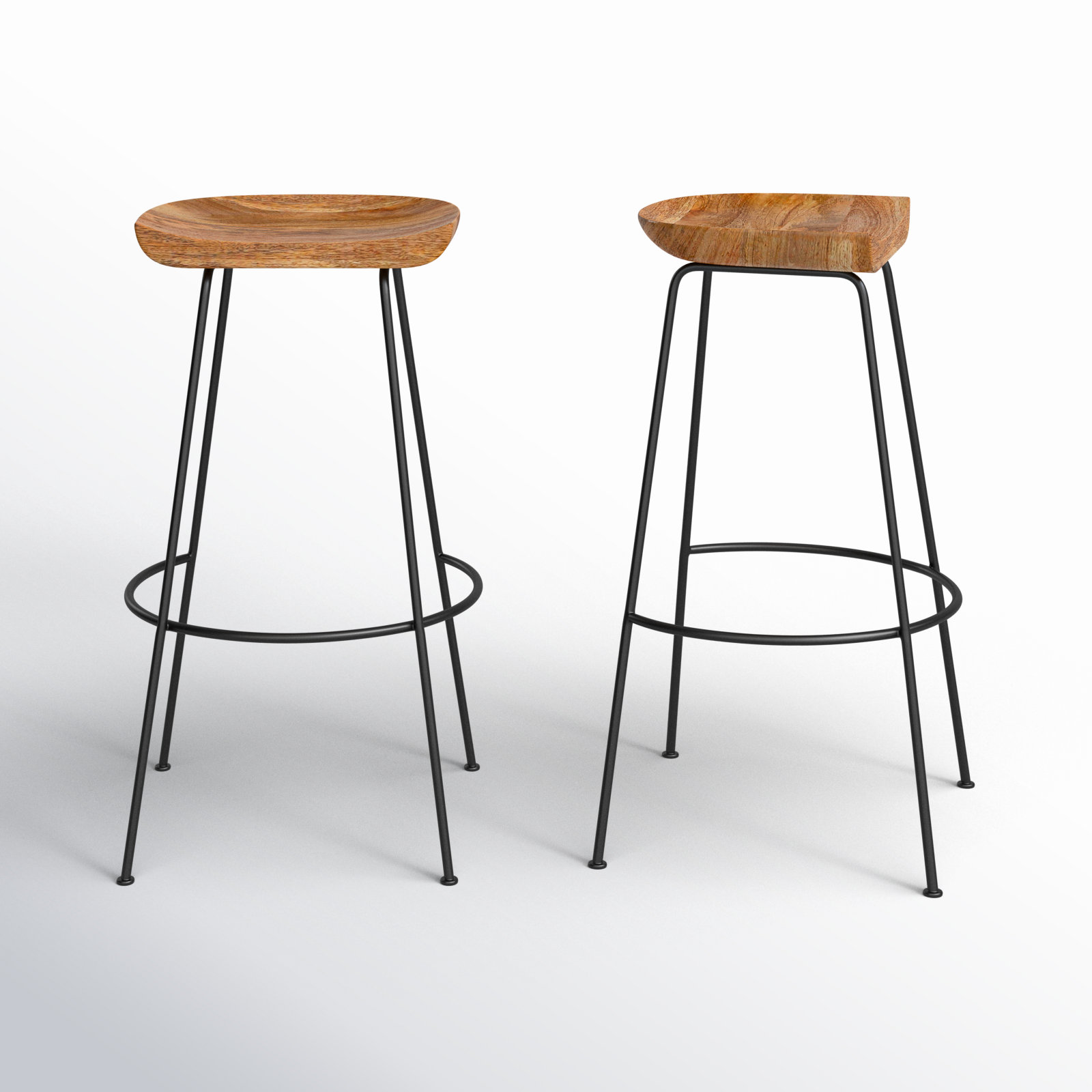 Metal frame backless bar sold stools, set of 2, natural wood