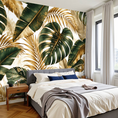 Peel and Stick Wallpaper Tropical Wall Mural golden green tropical leaves white Seamless style Hawaii Wall Art Self Adhesive and Removable