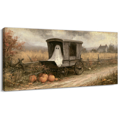 Art mural sur toile grand fantôme d'Halloween, décor de photos de fantômes de ferme rétro pour le salon de la chambre à coucher, décor de fantôme mignon avec scène de chariot de citrouilles champêtre, 58 x 28 po