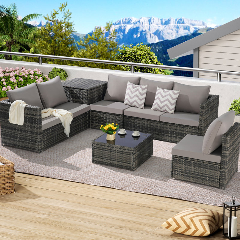 6 meubles de patio - Canapé modulaire avec grands coussins de siège et plateau en verre pour le dessus de table de coin extérieur, cour arrière