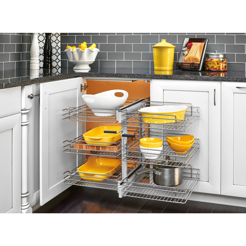 Rev-A-Shelf Steel Three-Tier Pullout Organizer with Soft-Close for Full-Height Blind Corner Kitchen Cabinets , 15" W 