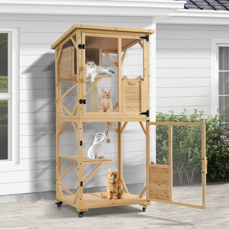 Enceinte d'extérieur pour chat Catio, maisonnette pour chat à 4 niveaux avec toit imperméable, cage pour chat d'intérieur avec roues et plancher amovible, naturel