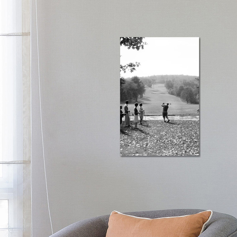 1920s-1930s Group Of Golfers Teeing Off 2 Men 2 Women And 2 Caddies At The Country Club Pittsfield Berkshires Ma by Vintage Images - Wrapped Canvas Print