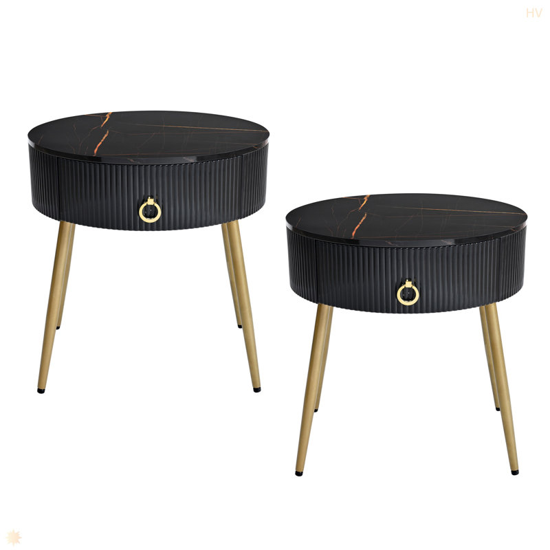 Tables de bout avec plateau de table en faux marbre ultrabrillant, ensemble de 2, tables d'appoint cannelées modernes avec tiroirs